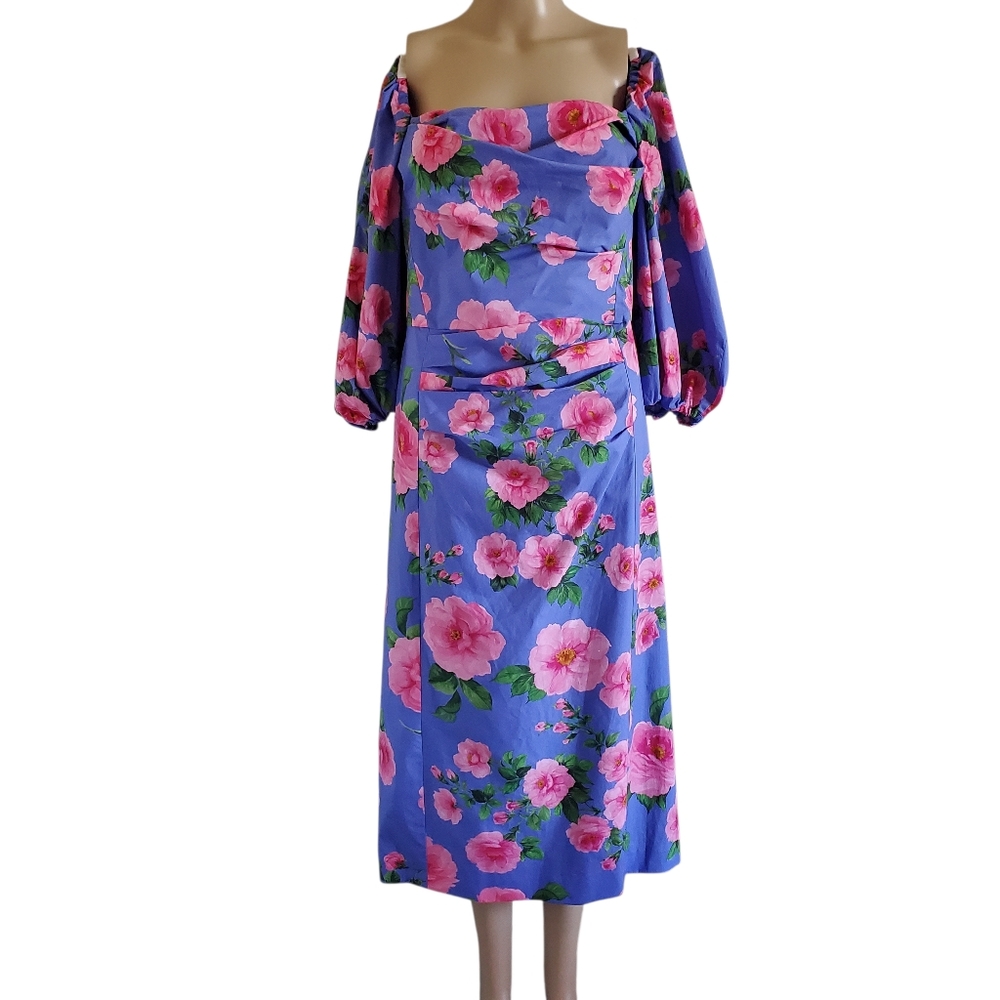 NWT Carolina Herrera Floral Print Ruched Midi Dress (US 12) - Picture 4 of 12